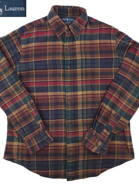 Ralph Lauren Vintage Flannel Shirt Earth Tones Pony Plaid Custom Fit Men's Large